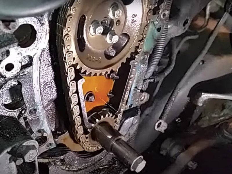 Photo of a an automobile's timing gears and chain.